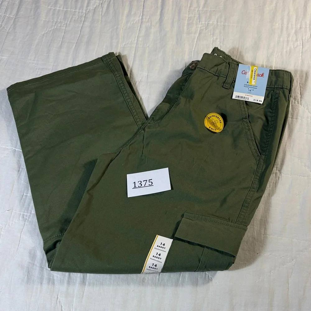 NWT Cat & Jack Boys Baggy Adjustable Waist Reinforced‎ Knee Pants Olive Size 14